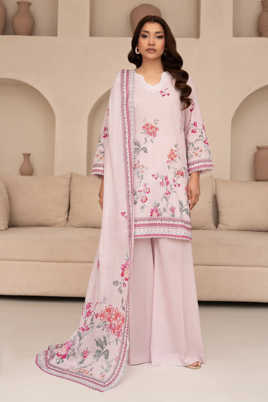 3 Piece Unstitched Baby Pink Premium Printed Lawn