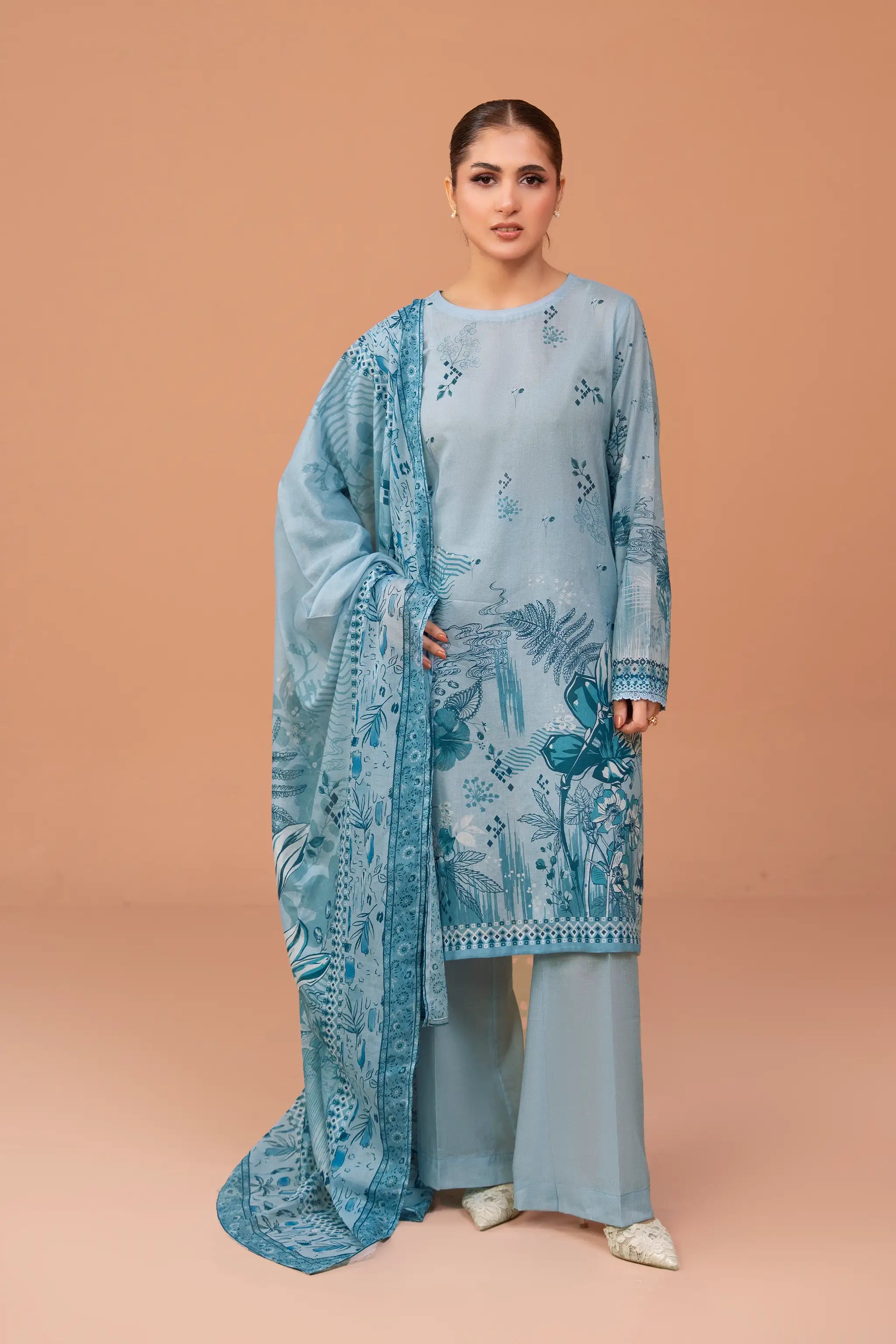 3 Piece Unstitched Moonstone Blue Premium Printed Lawn