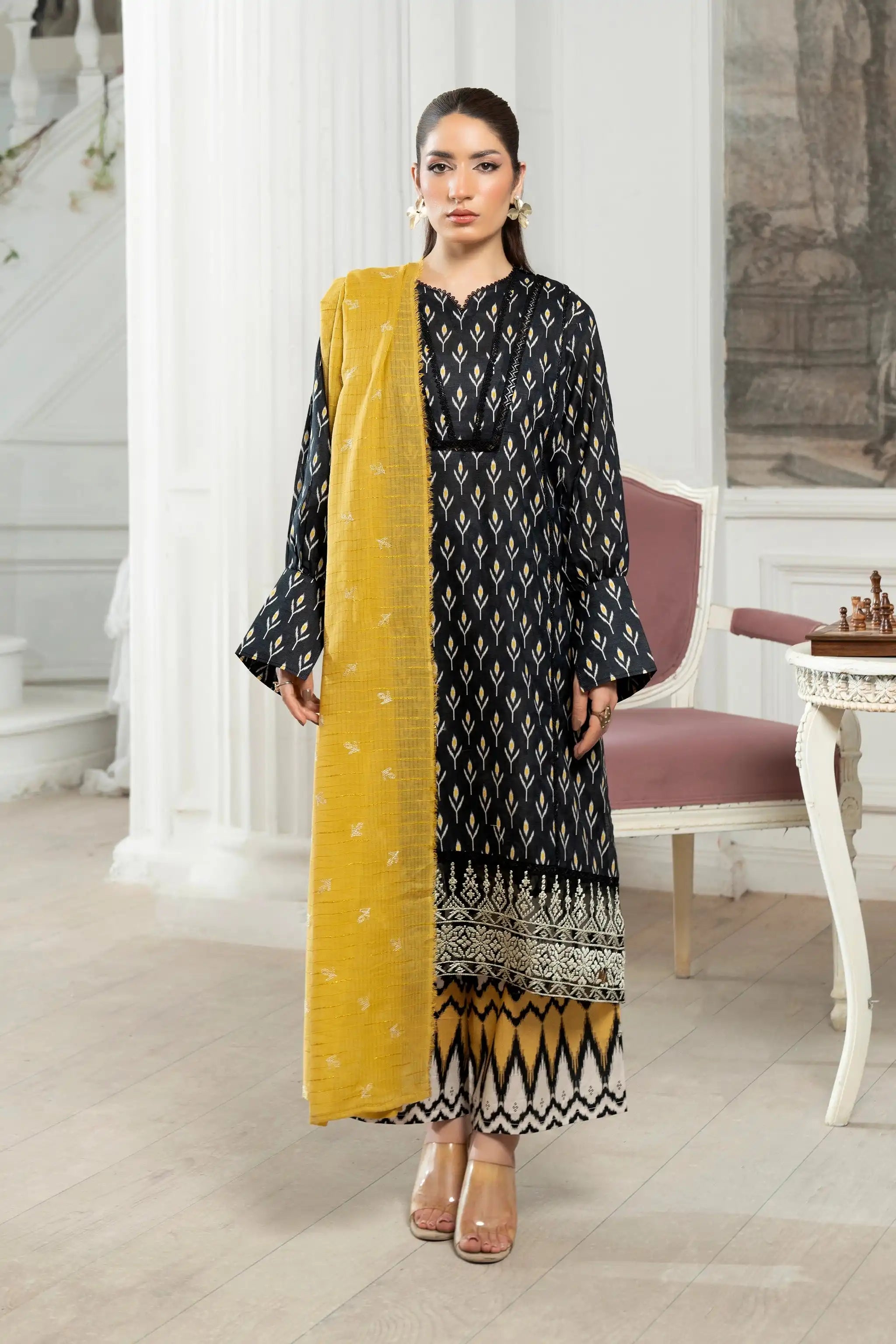 3 Piece Unstitched Black Premium Emb Jacquard Lawn