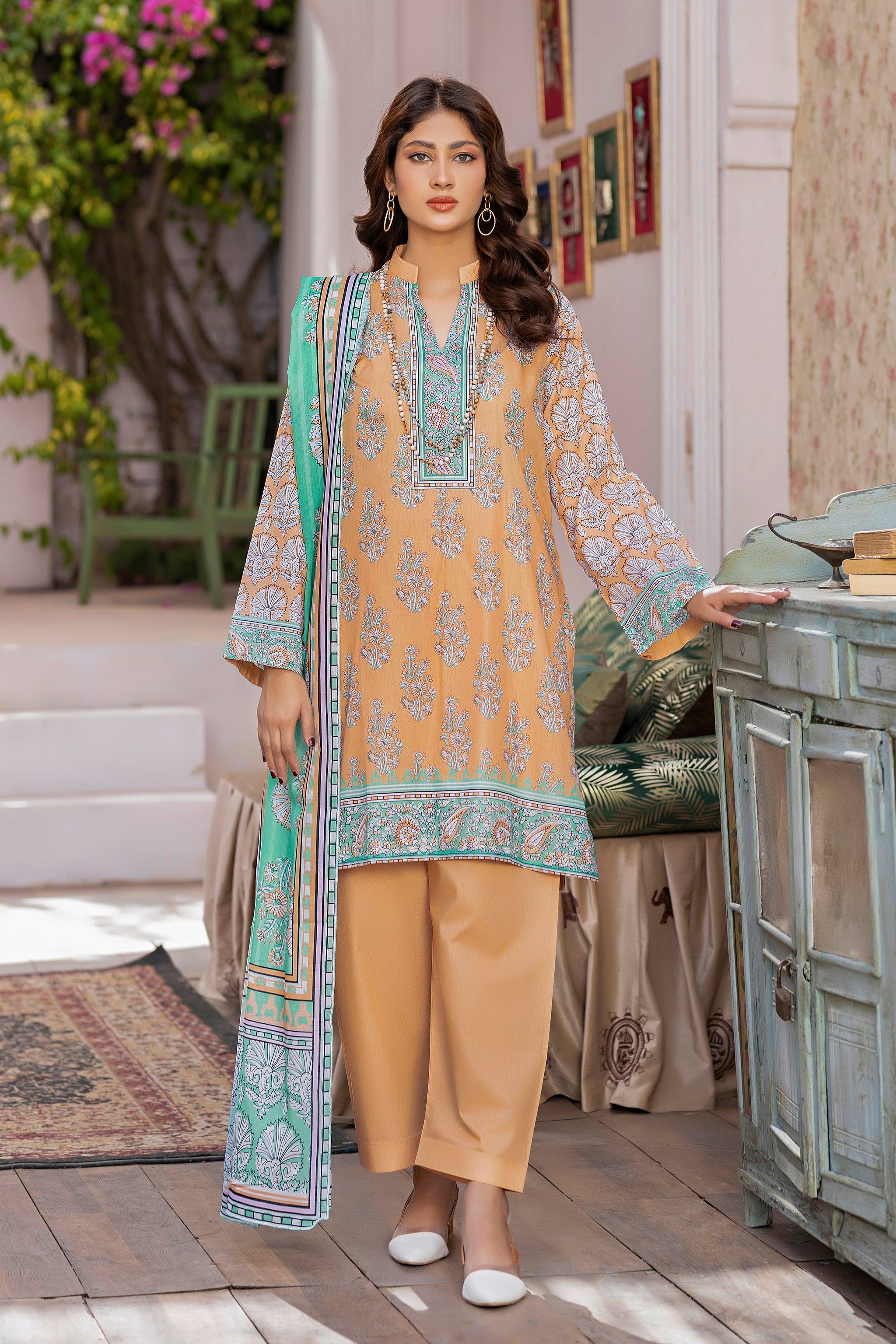 3 Piece Unstitched Peach Printed Lawn - SafaNoor