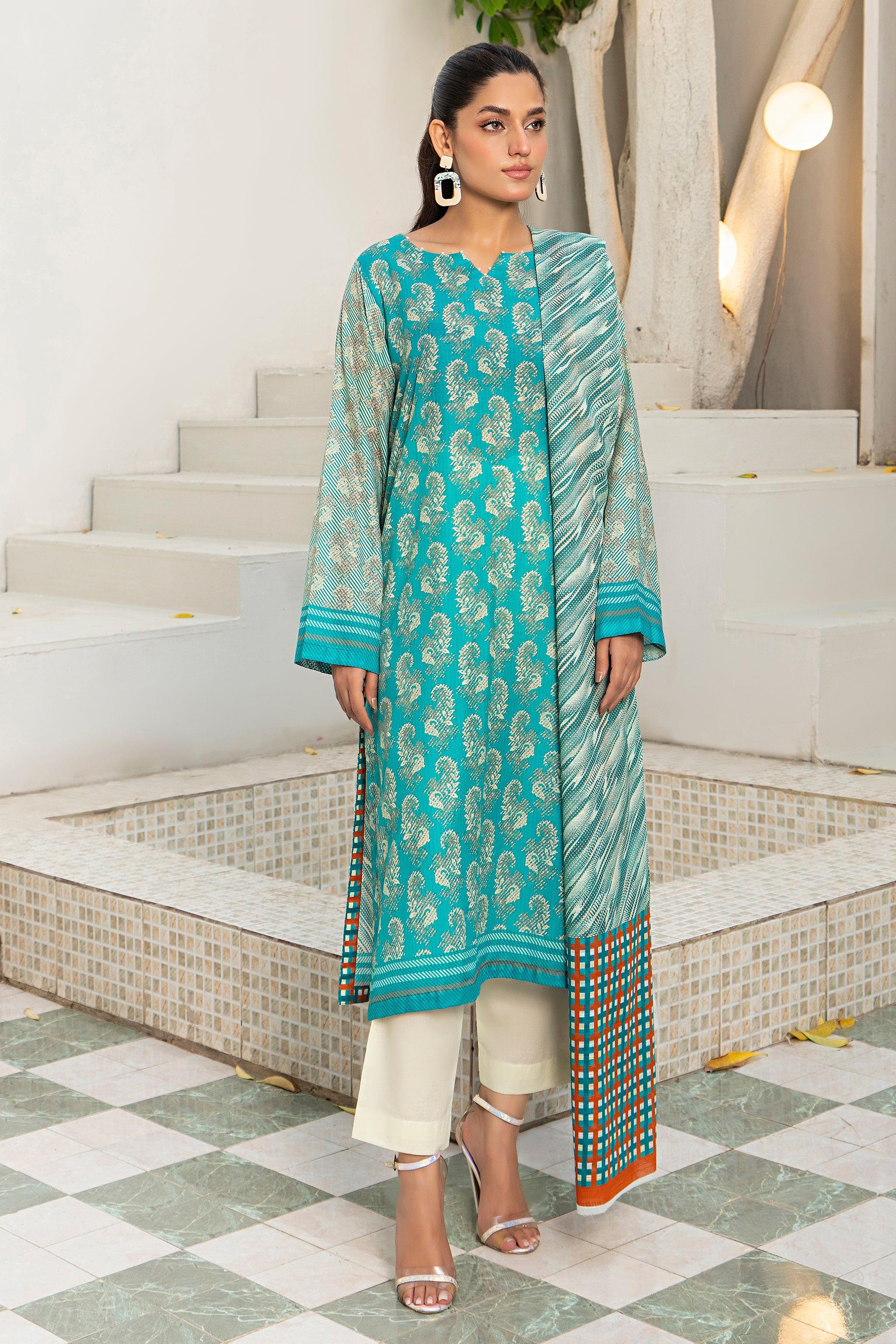 3 Piece Unstitched Aqua Blue Printed Lawn - SafaNoor