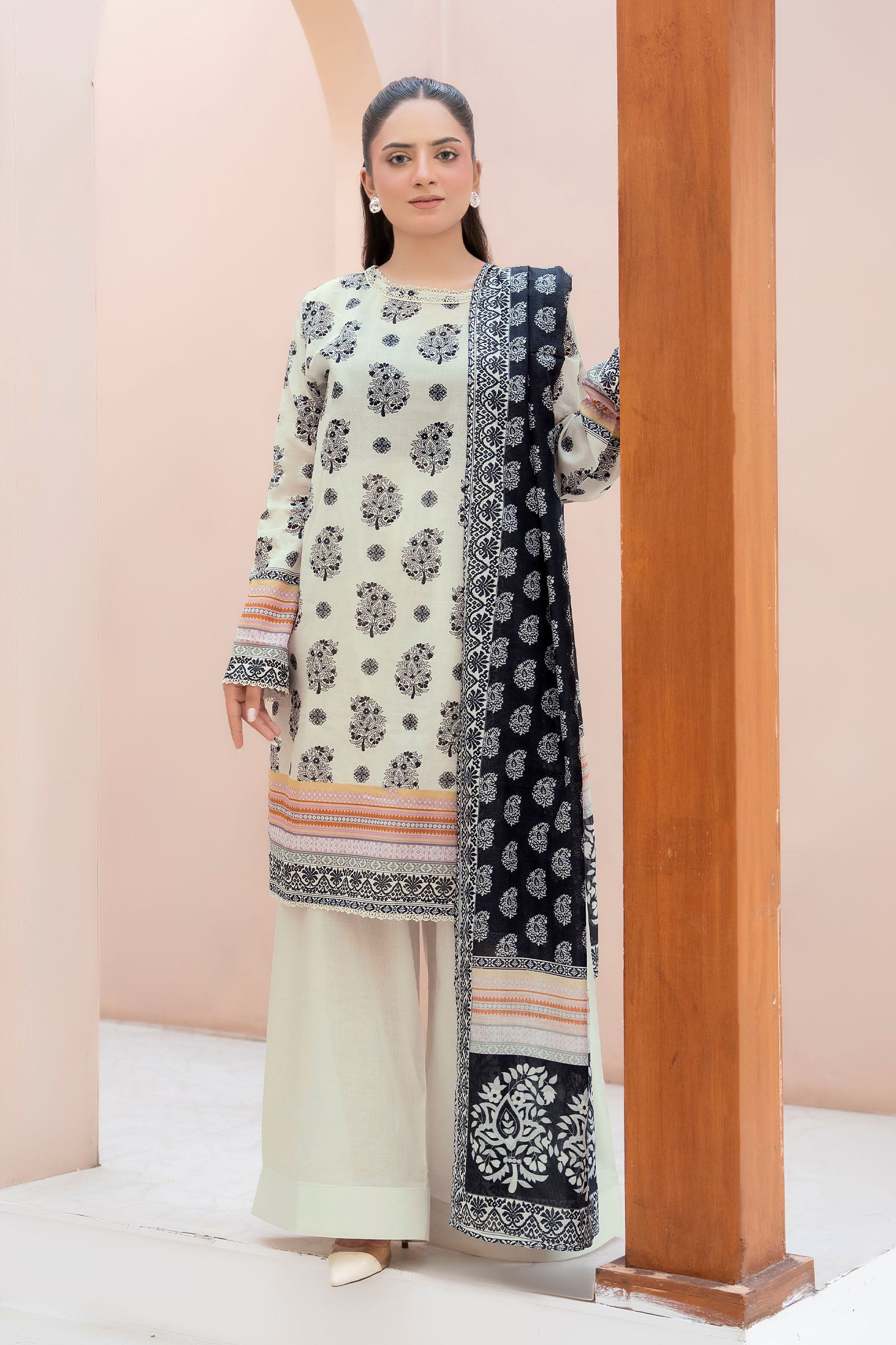 Off White 3 Piece Unstitched Premium Printed Lawn
