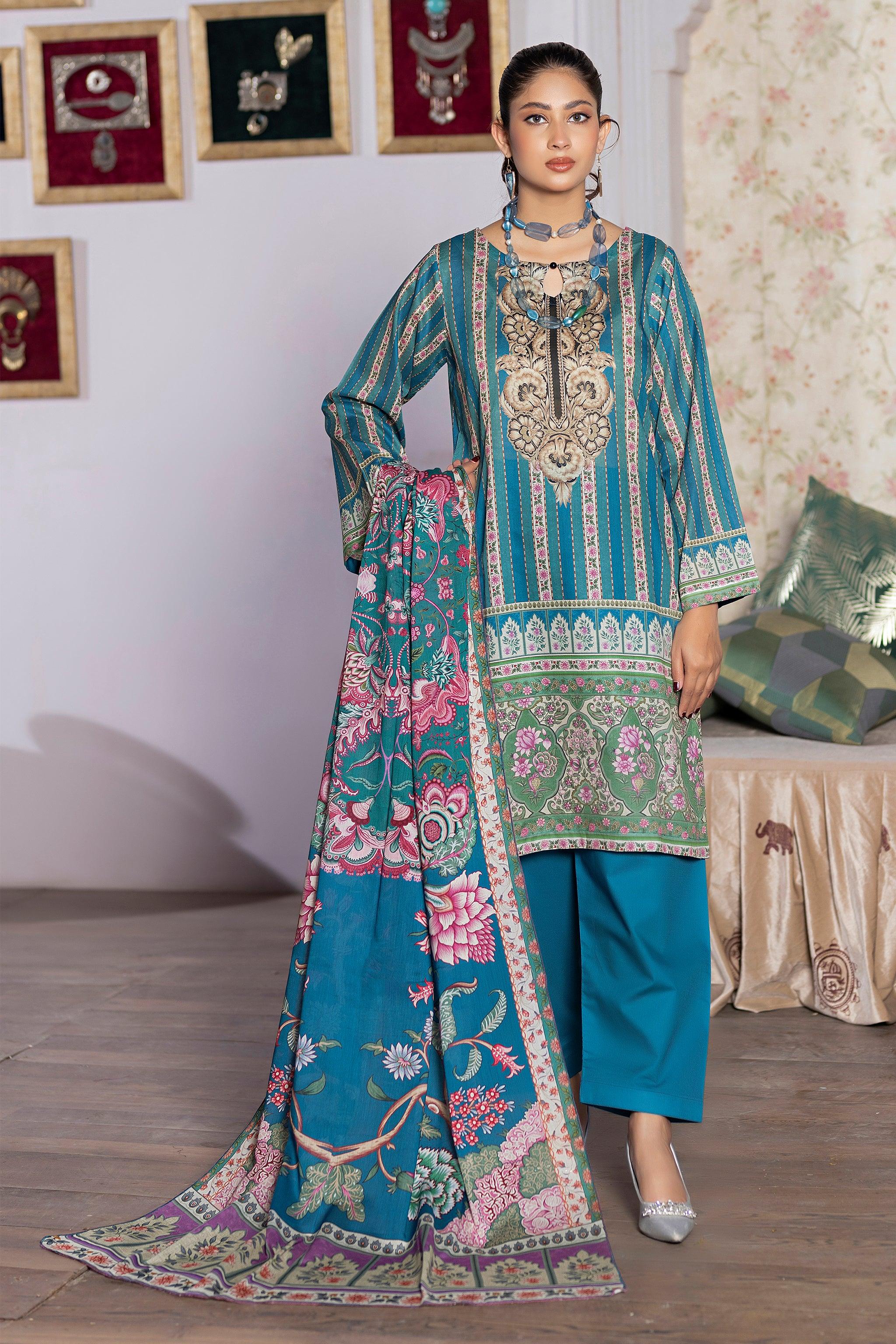 3 Piece Unstitched Blue Printed Lawn - SafaNoor