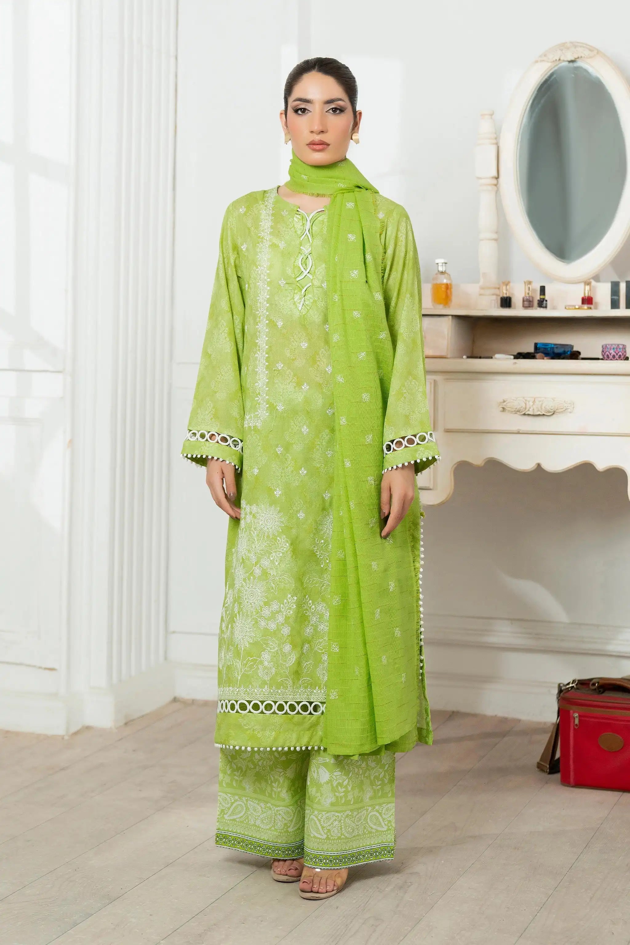 3 Piece Unstitched Apple Green Premium Emb Jacquard Lawn