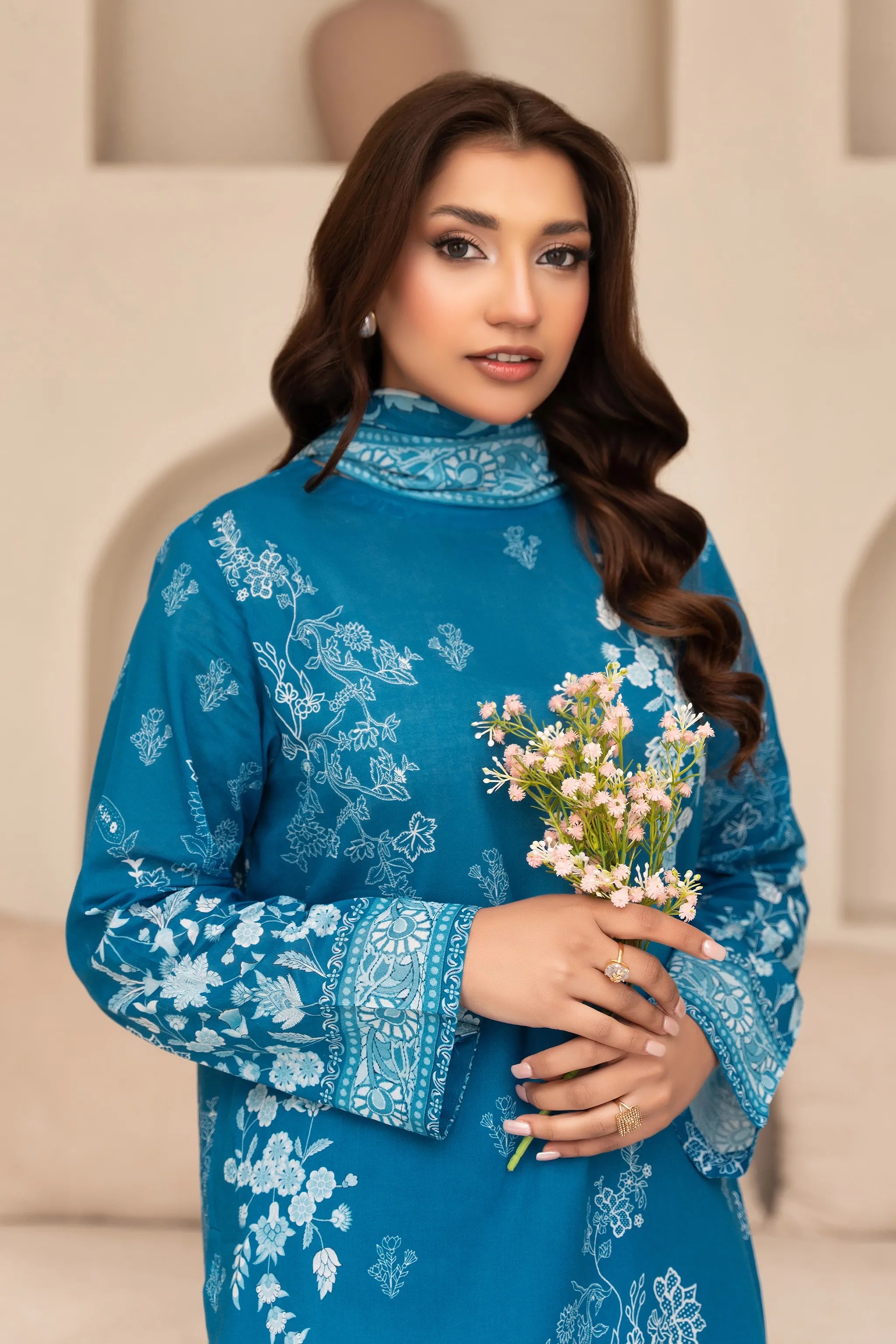 3 Piece Unstitched French Blue Premium Printed Lawn