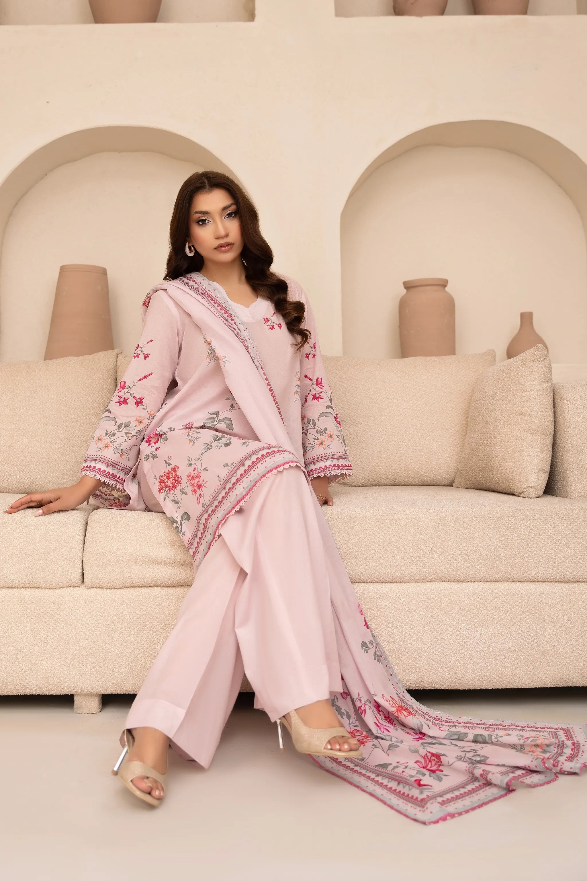 3 Piece Unstitched Baby Pink Premium Printed Lawn
