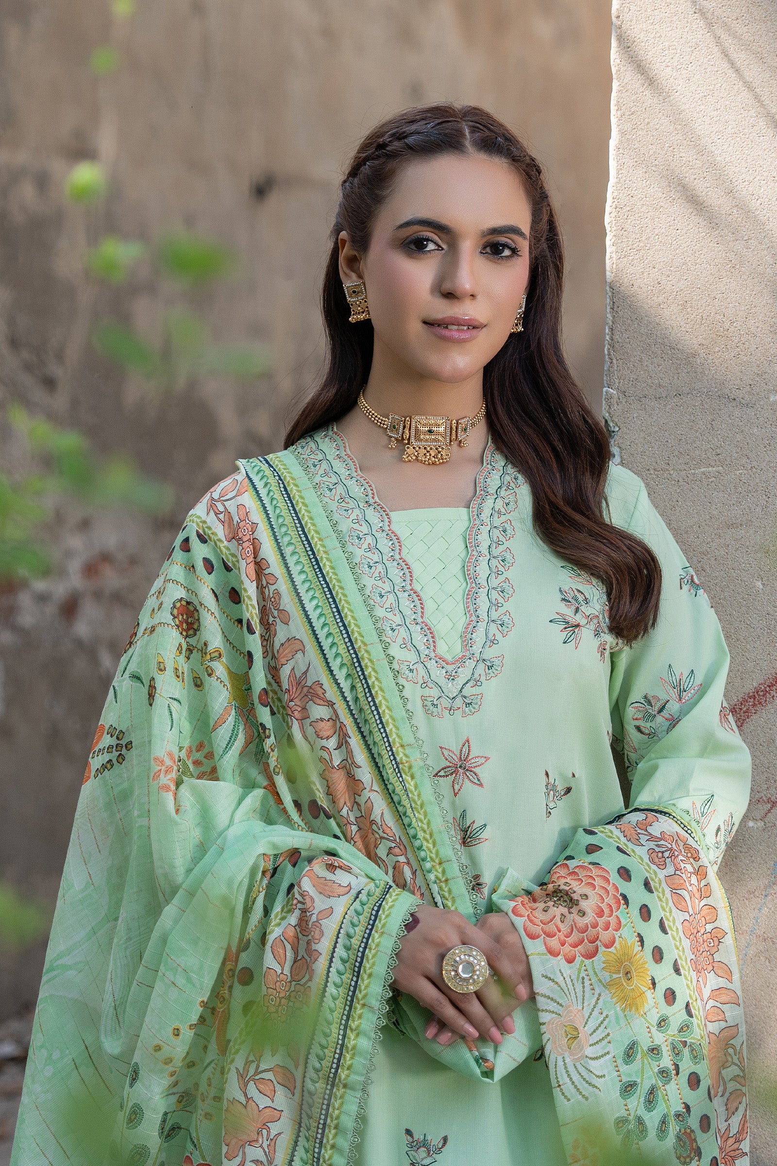 3 Piece Unstitched Laurel Green Premium Emb Lawn