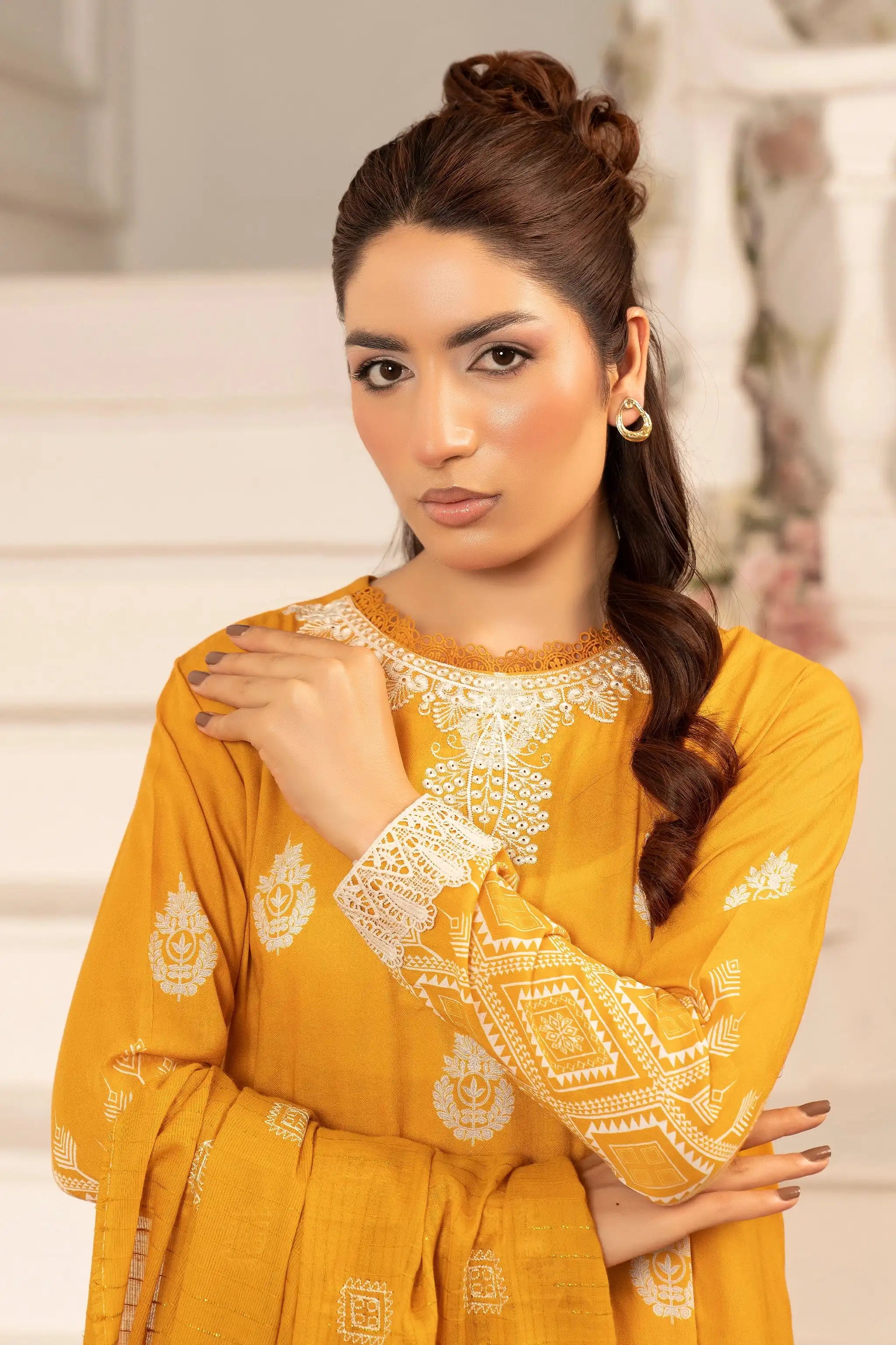 3 Piece Unstitched Orange Premium Emb Jacquard Lawn