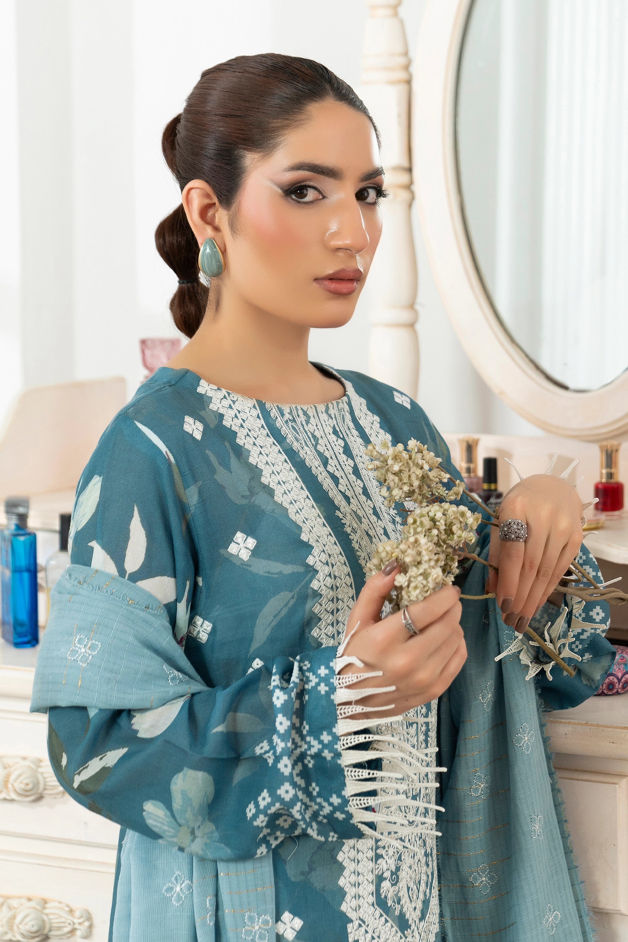 3 Piece Unstitched Cadet Blue Premium Emb Jacquard Lawn