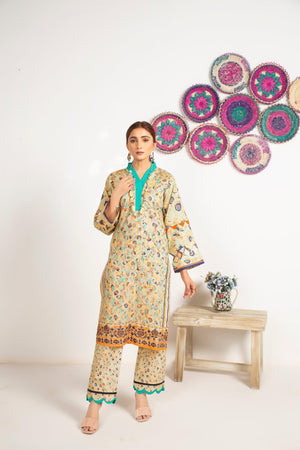 2 Piece Beige Unstitched Digital Printed Lawn - SafaNoor