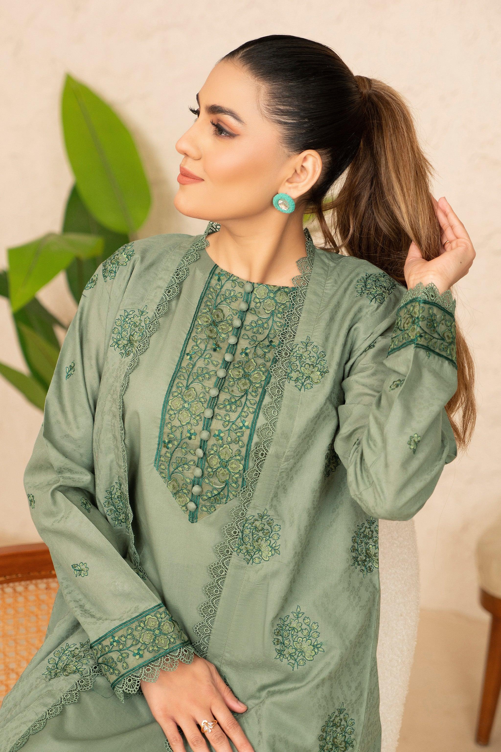 2 Piece Sage Green Unstitched Embroidered Lawn - SafaNoor