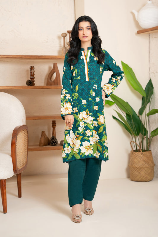 2 Piece Unstitched Printed Deep Aqua Khaddar