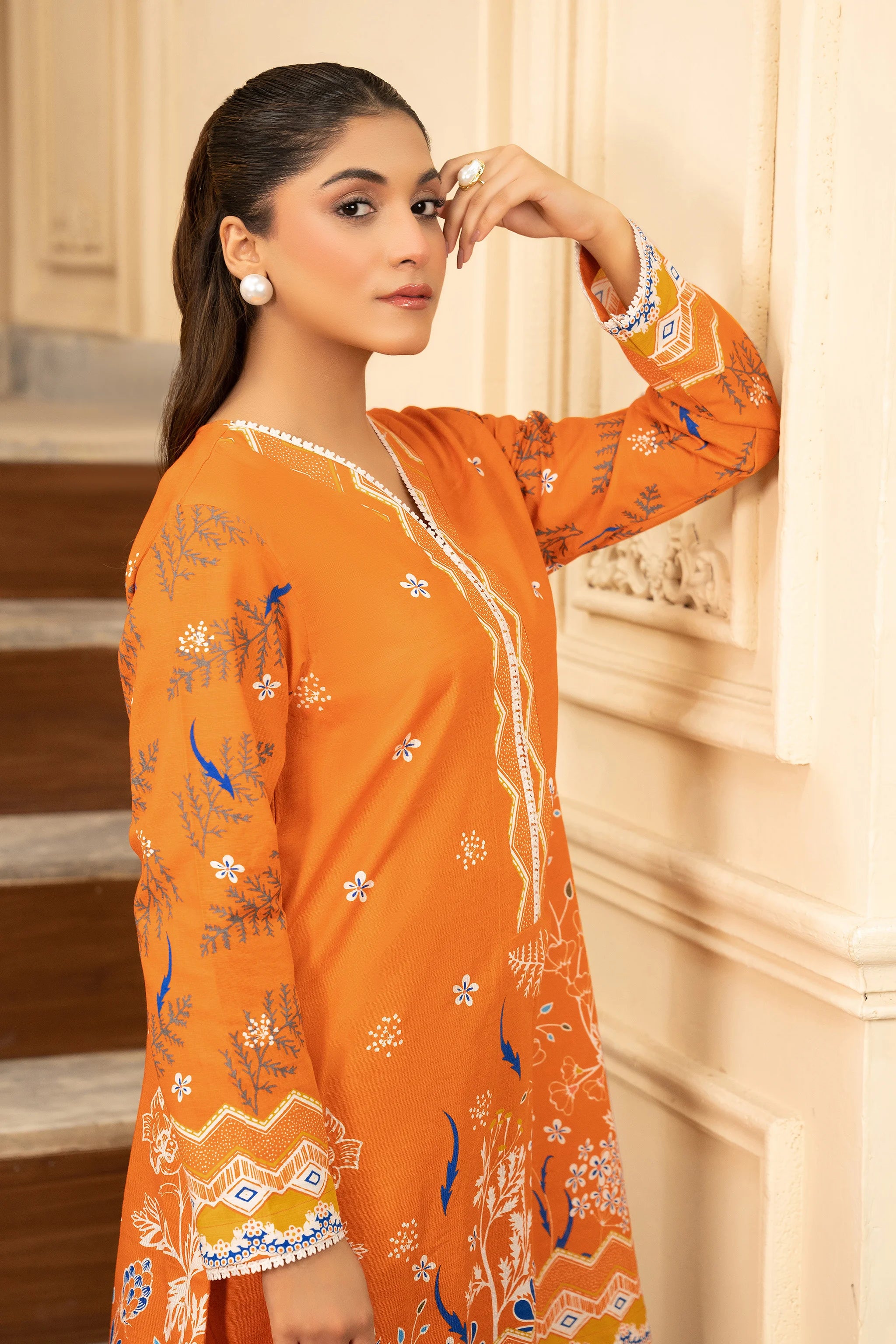 2 Piece Unstitched Printed Orange Khaddar