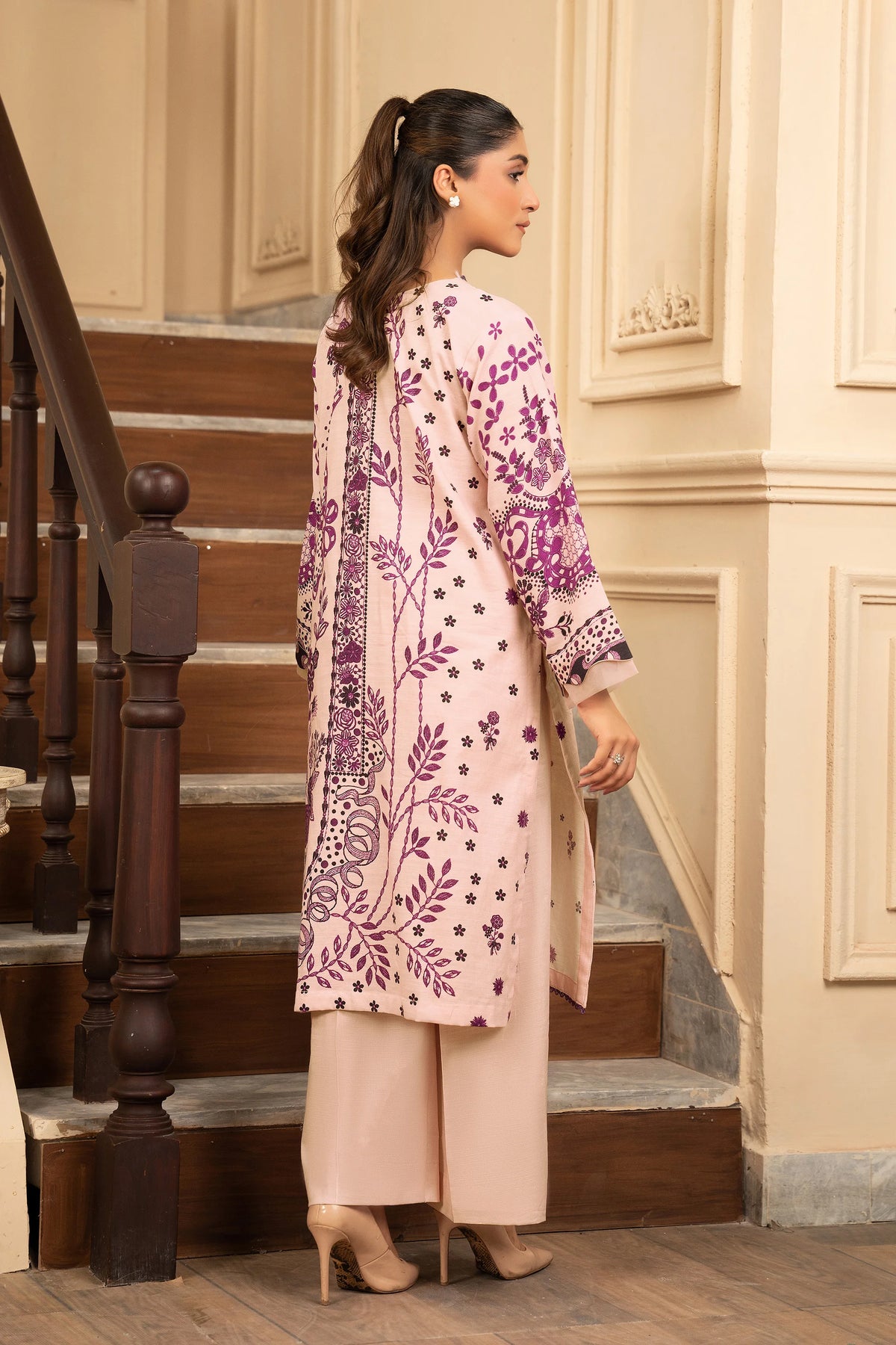 2 Piece Unstitched Printed Peach Khaddar