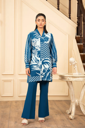 2 Piece Unstitched Printed Peacock Blue Khaddar