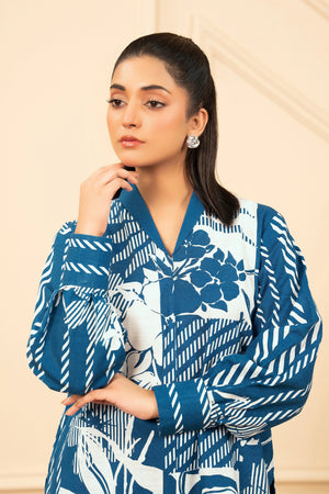 2 Piece Unstitched Printed Peacock Blue Khaddar