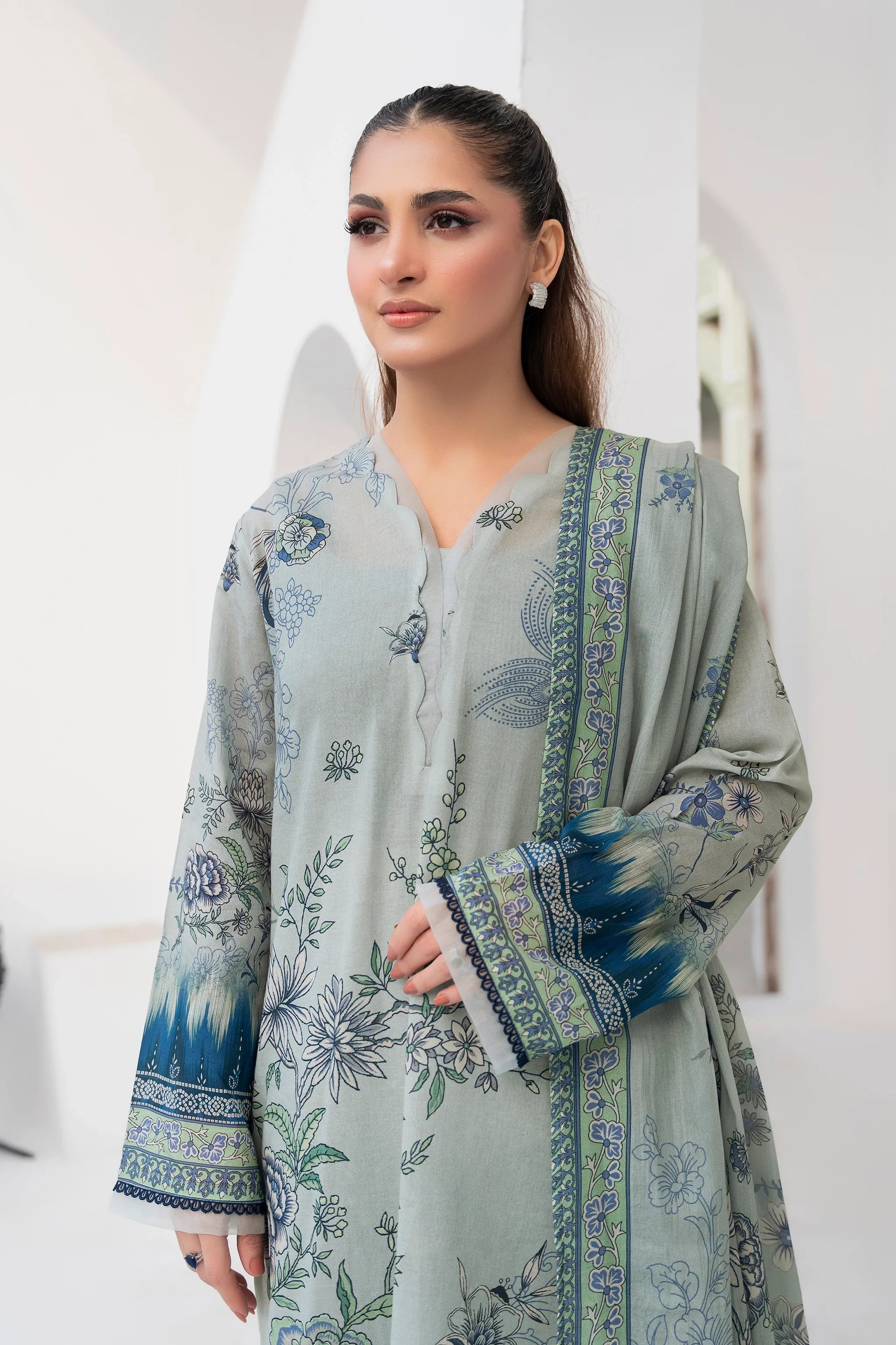 3 Piece Unstitched Gray Premium Printed Lawn