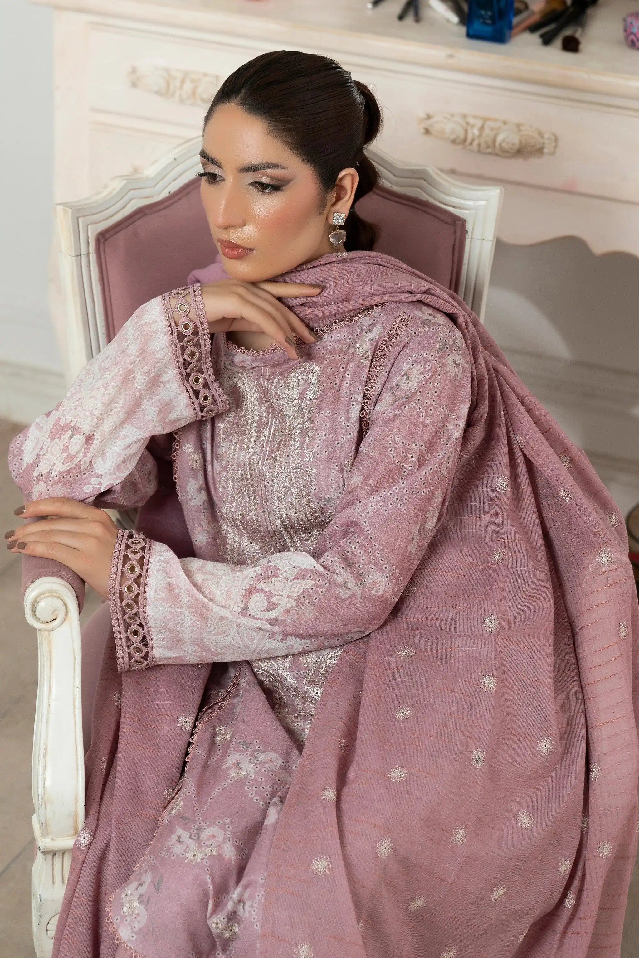 3 Piece Unstitched Rosy Brown Premium Emb Jacquard Lawn