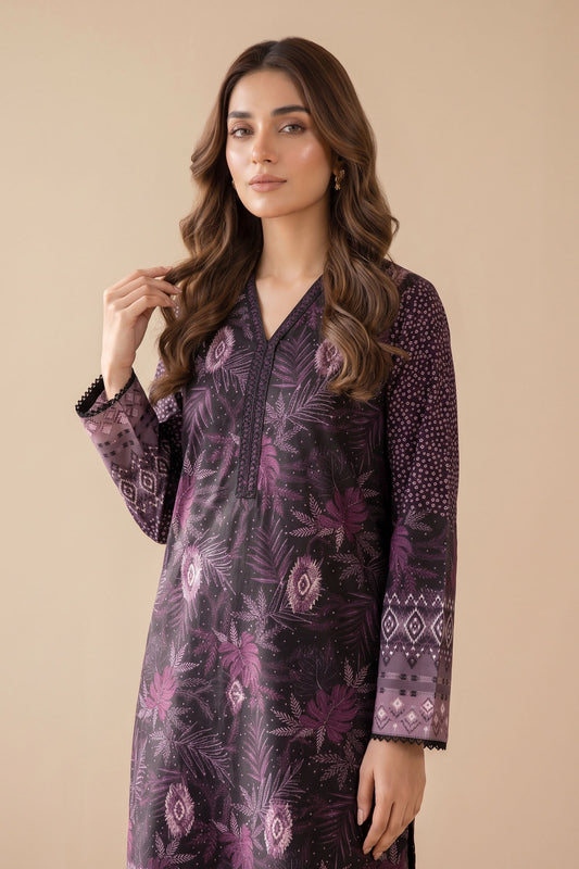 2 Piece Unstitched Printed Lace Khaddar - Dark Black