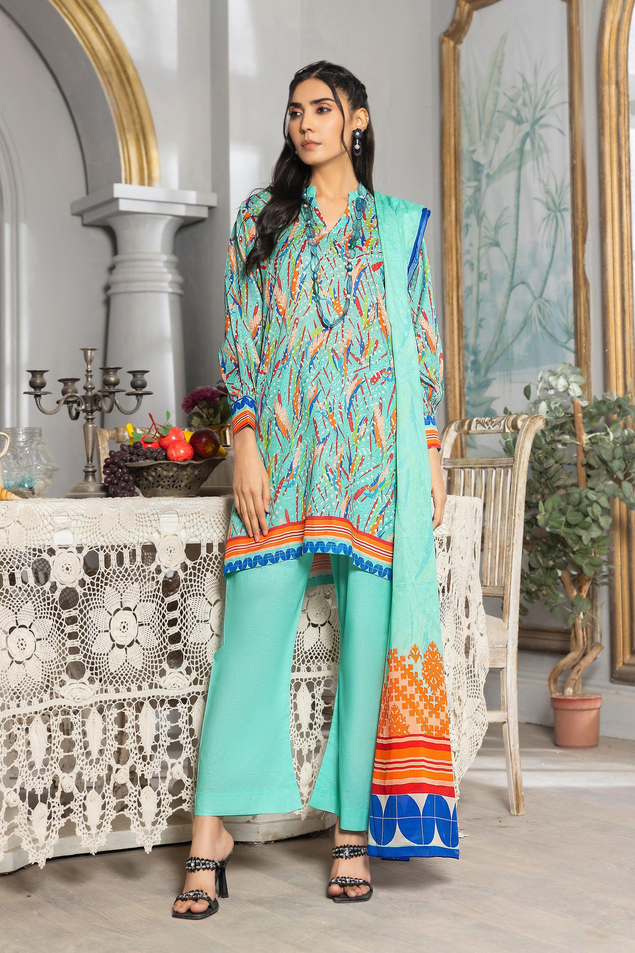 3 Piece Unstitched Cyan Printed Lawn - SafaNoor