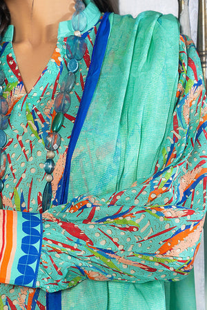3 Piece Unstitched Cyan Printed Lawn - SafaNoor