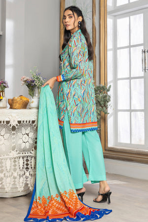 3 Piece Unstitched Cyan Printed Lawn - SafaNoor