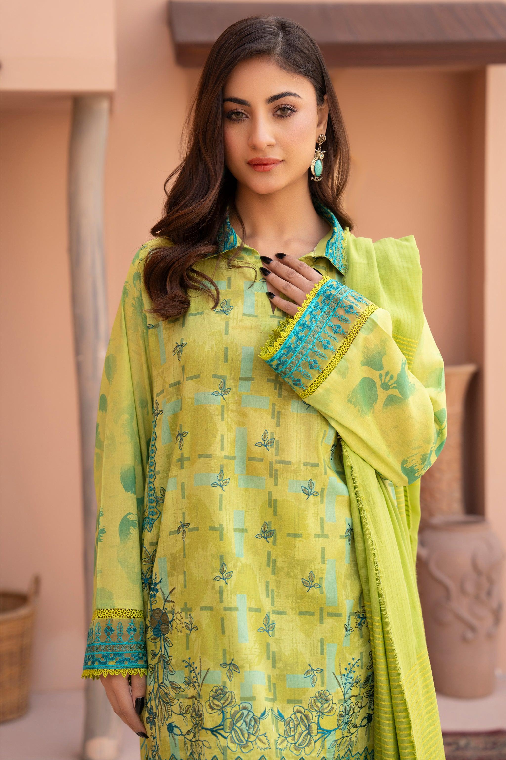 3 Piece Unstitched Green Embroidered Lawn - SafaNoor