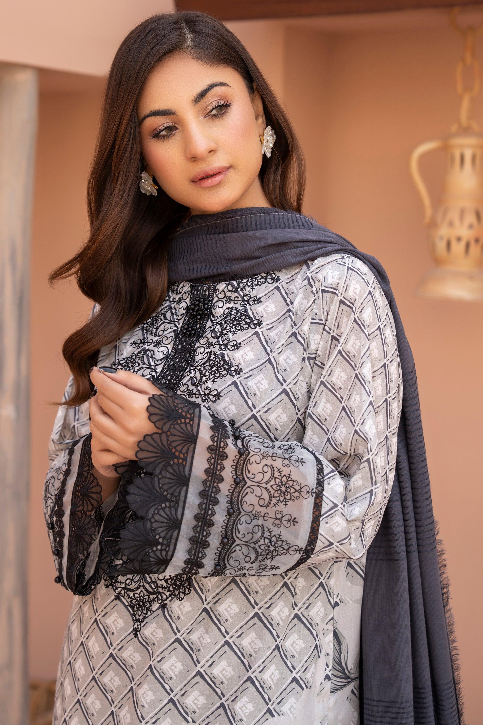 3 Piece Unstitched Grey Embroidered Lawn - SafaNoor