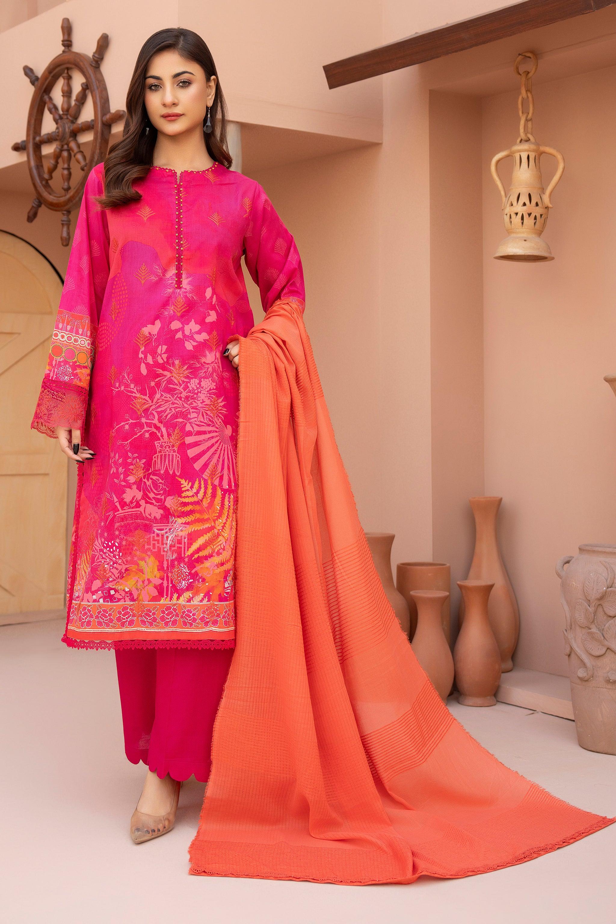 3 Piece Unstitched Pink Embroidered Lawn - SafaNoor