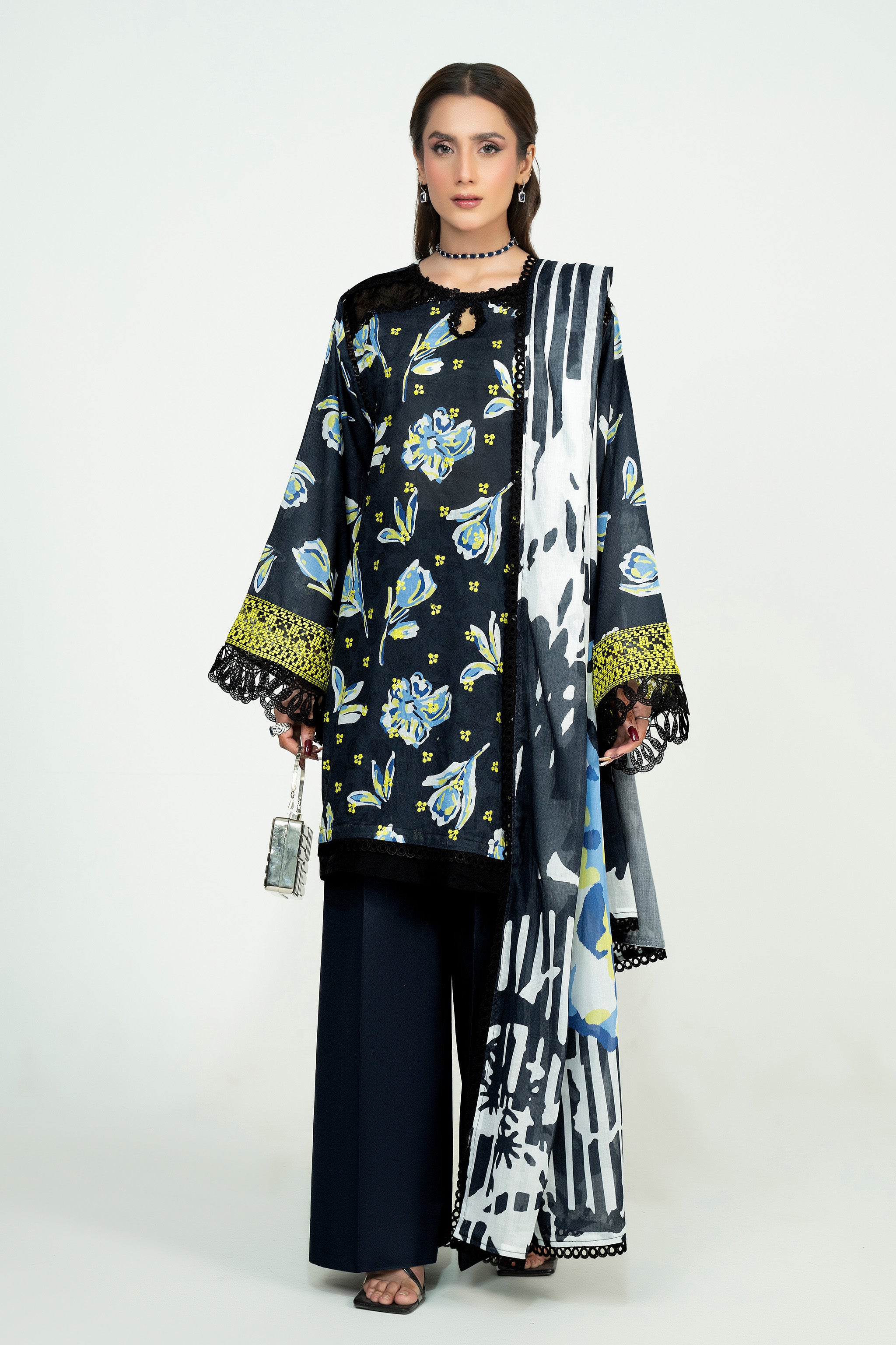 3 Piece Unstitched Black Embroidered Lawn