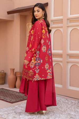 3 Piece Unstitched Red Embroidered Lawn - SafaNoor