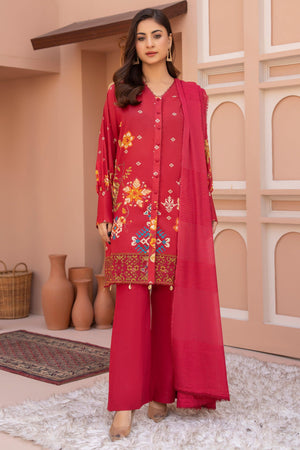 3 Piece Unstitched Red Embroidered Lawn - SafaNoor