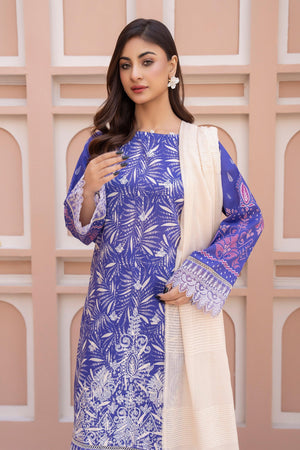3 Piece Unstitched Rust Blue Embroidered Lawn - SafaNoor