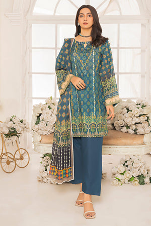 3 Piece Unstitched Rusty Blue Printed Lawn - SafaNoor