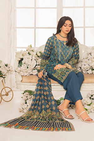 3 Piece Unstitched Rusty Blue Printed Lawn - SafaNoor
