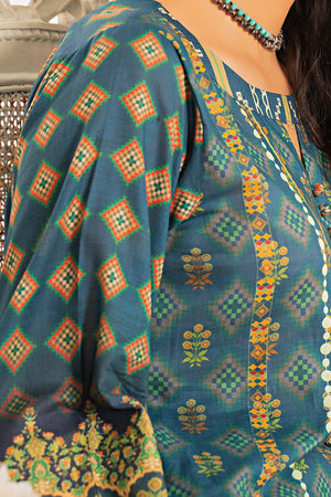 3 Piece Unstitched Rusty Blue Printed Lawn - SafaNoor