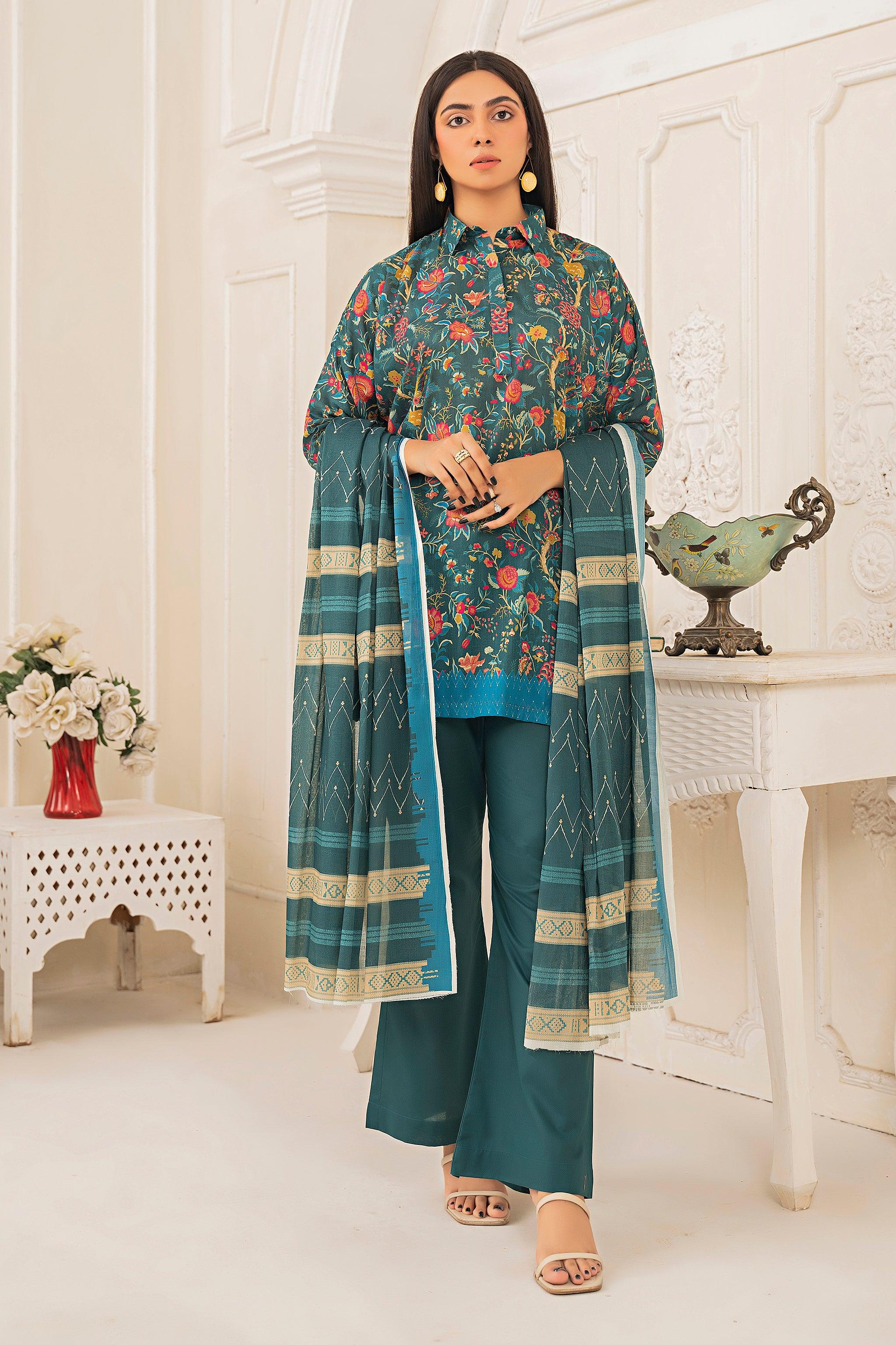 3 Piece Unstitched Sea Green Printed Lawn - SafaNoor