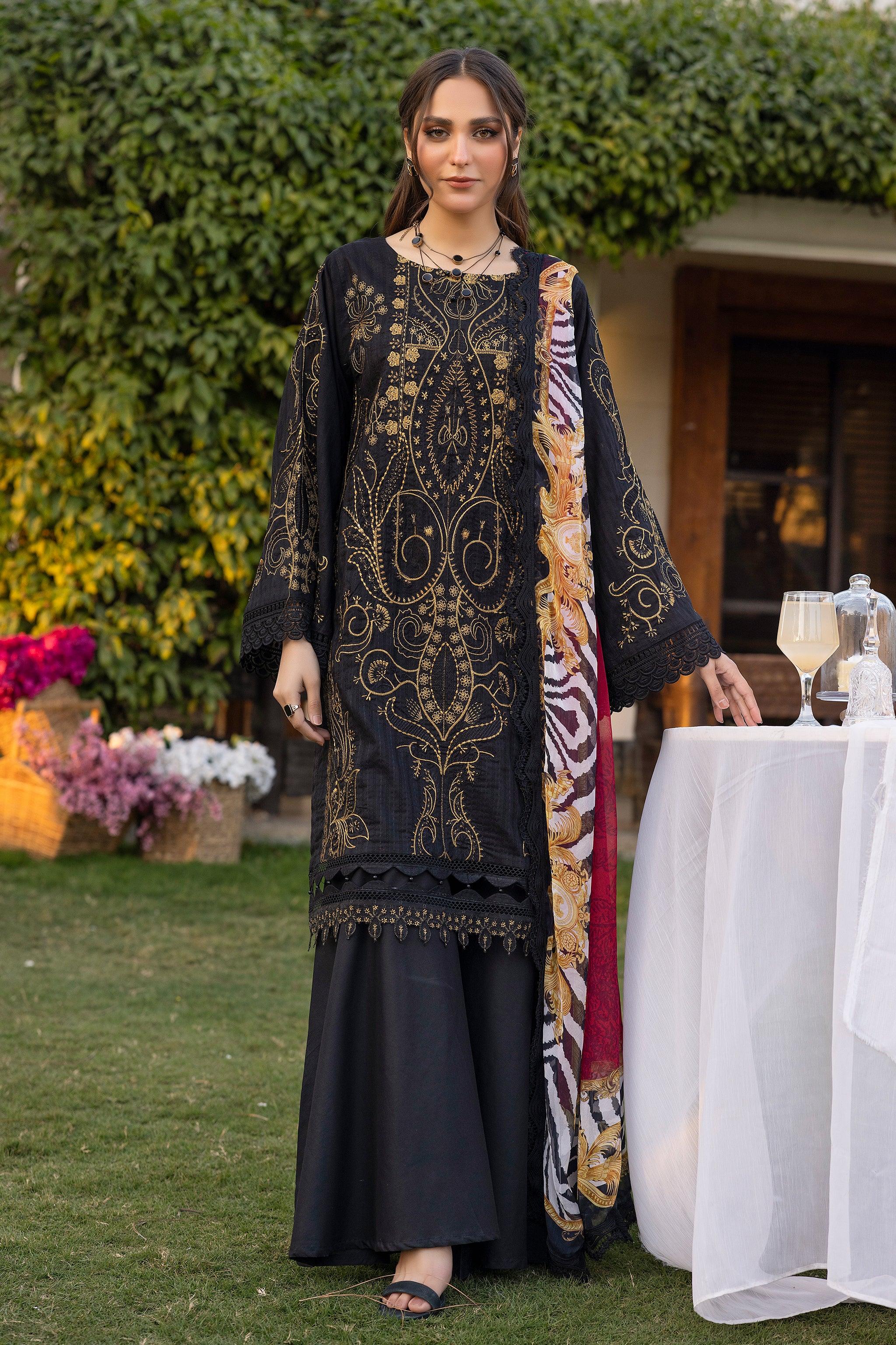 3 Piece Black Unstitched Embroidered Lawn - SafaNoor