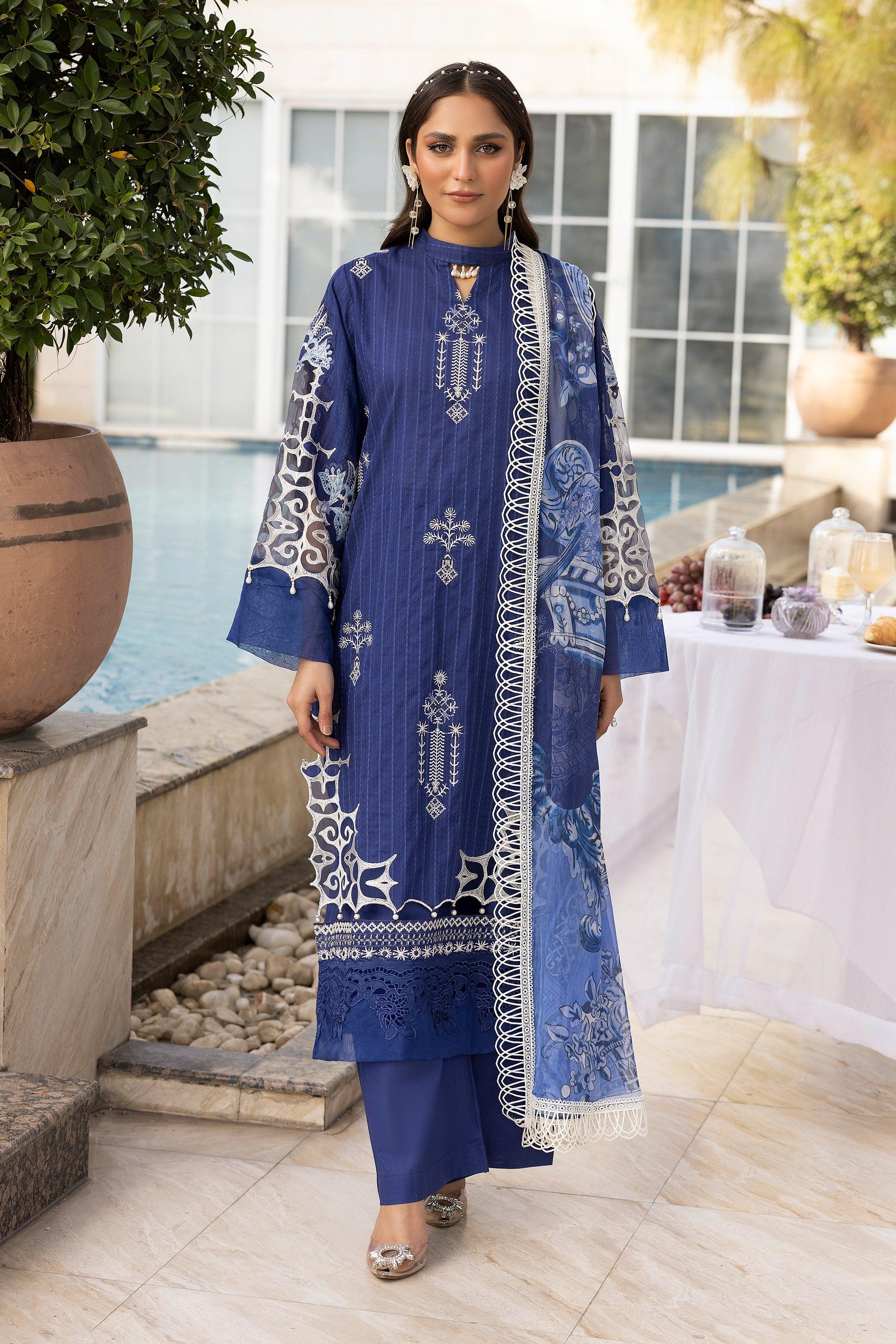 3 Piece Blue Unstitched Embroidered Lawn - SafaNoor