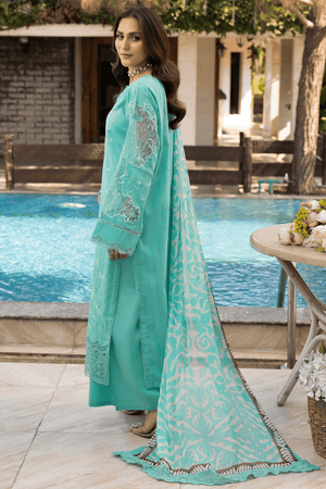 3 Piece Cyan Unstitched Embroidered Lawn - SafaNoor