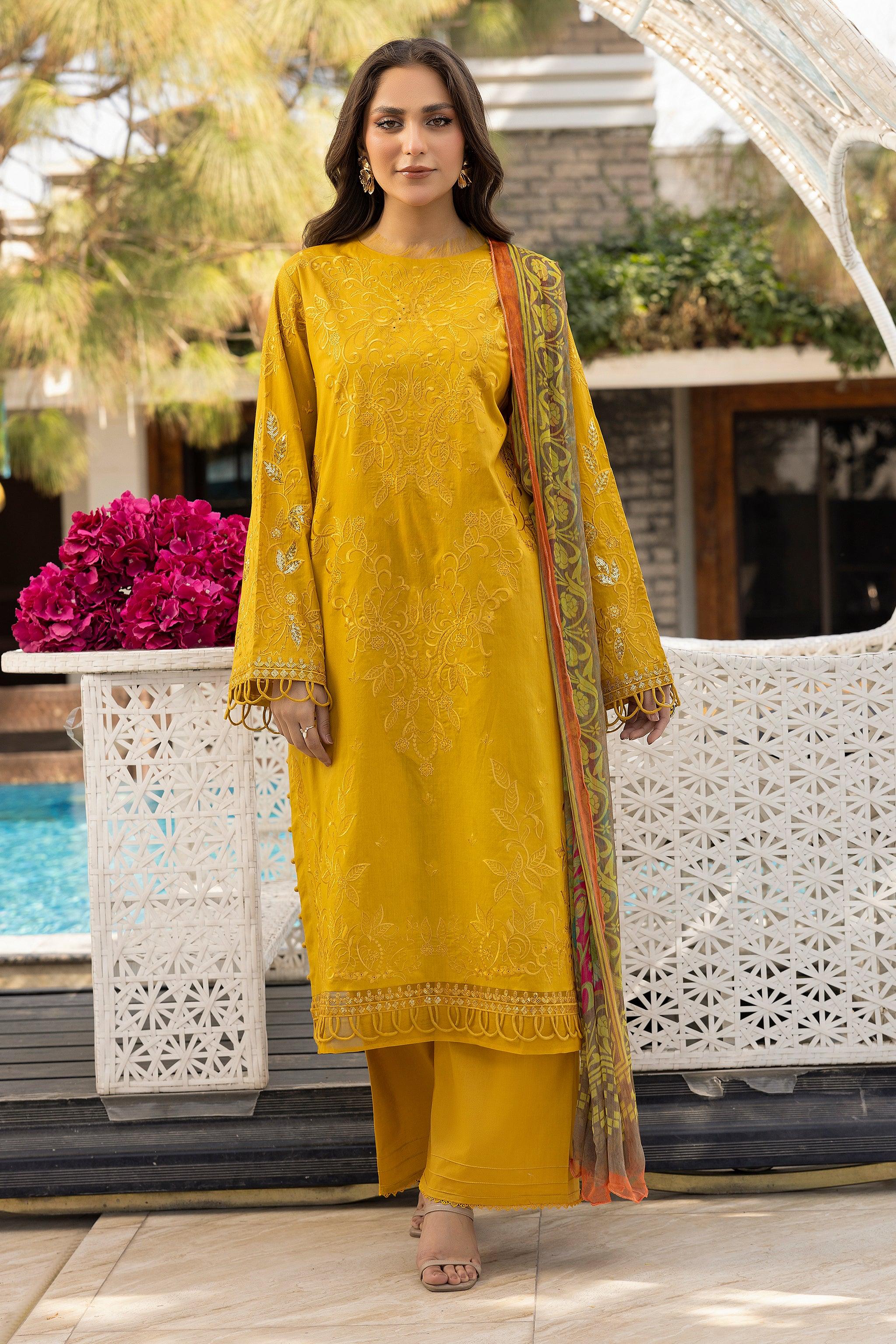 3 Piece Mustard Unstitched Embroidered Lawn - SafaNoor