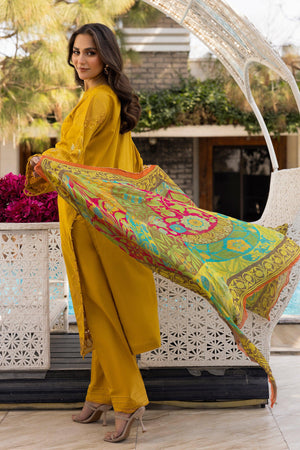 3 Piece Mustard Unstitched Embroidered Lawn - SafaNoor
