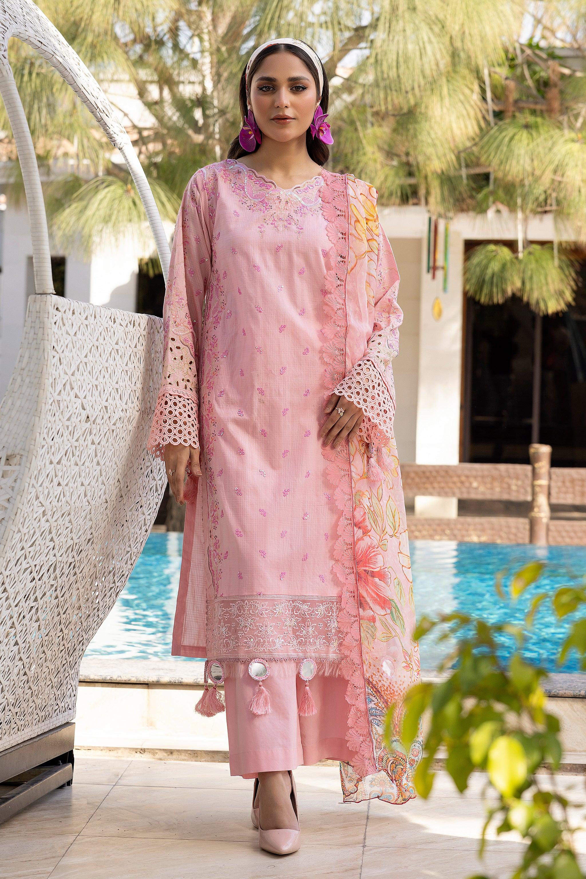 3 Piece Pink Unstitched Embroidered Lawn - SafaNoor