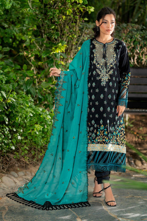 3 Piece Unstitched Black Embroidered Lawn - SafaNoor