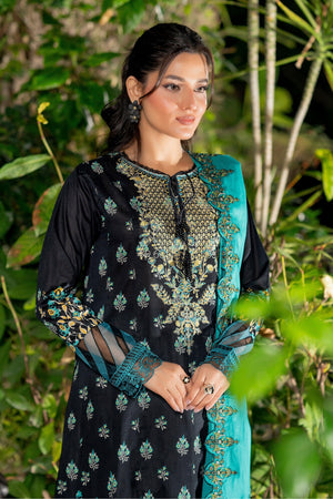 3 Piece Unstitched Black Embroidered Lawn - SafaNoor