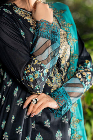 3 Piece Unstitched Black Embroidered Lawn - SafaNoor