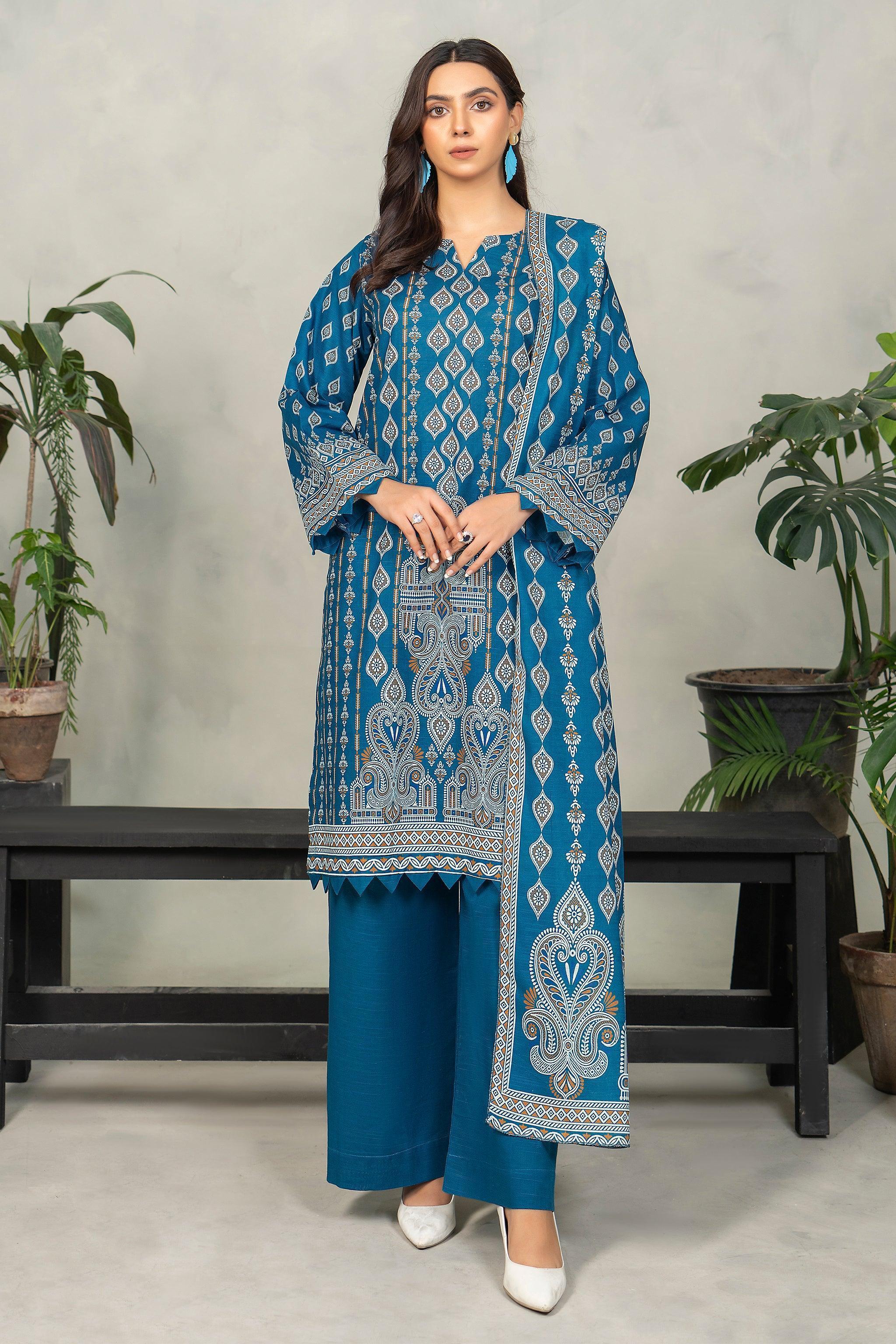 3 Piece Azure Blue Khaddar Unstitched - SafaNoor