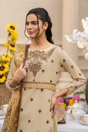 3 Piece Beige Embroidered Lawn Unstitched - SafaNoor