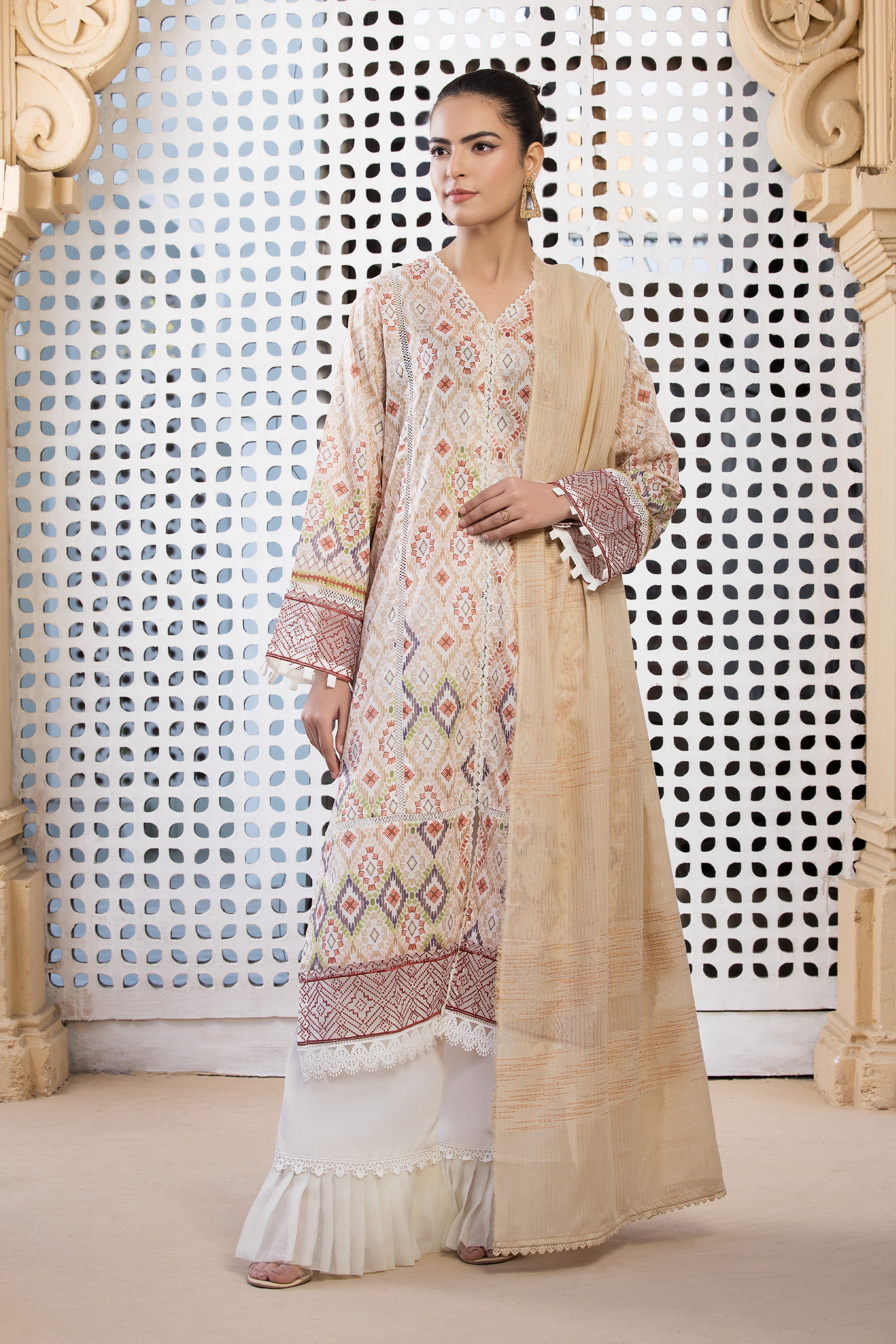 3 Piece Beige Unstitched Printed Lawn - (Vol-101/12)3P-S-25-D10 - SAFANOOR