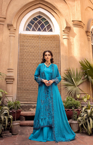 3 Piece Blue Embroidered Organza Lawn - SafaNoor